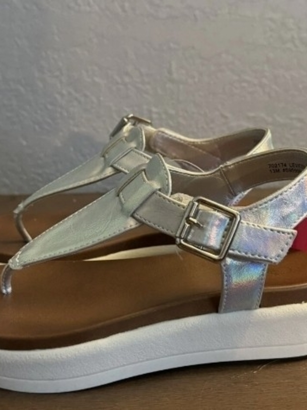Girls Iridescent Holographic T-Strap Sandals with Buckle